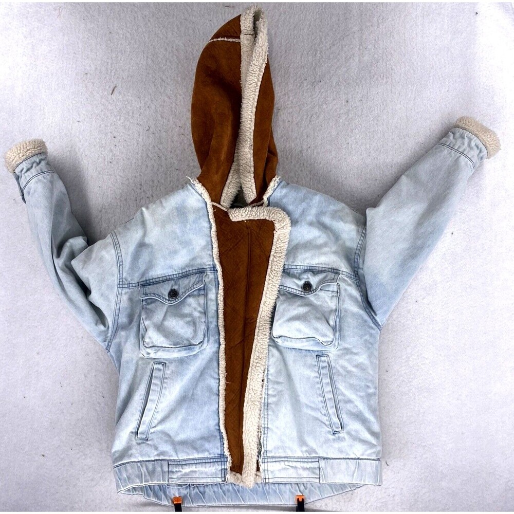 Levi's Sherpa Lined Denim Jacket Medium Blue Jean Faux Suede Hood Distressed 90s